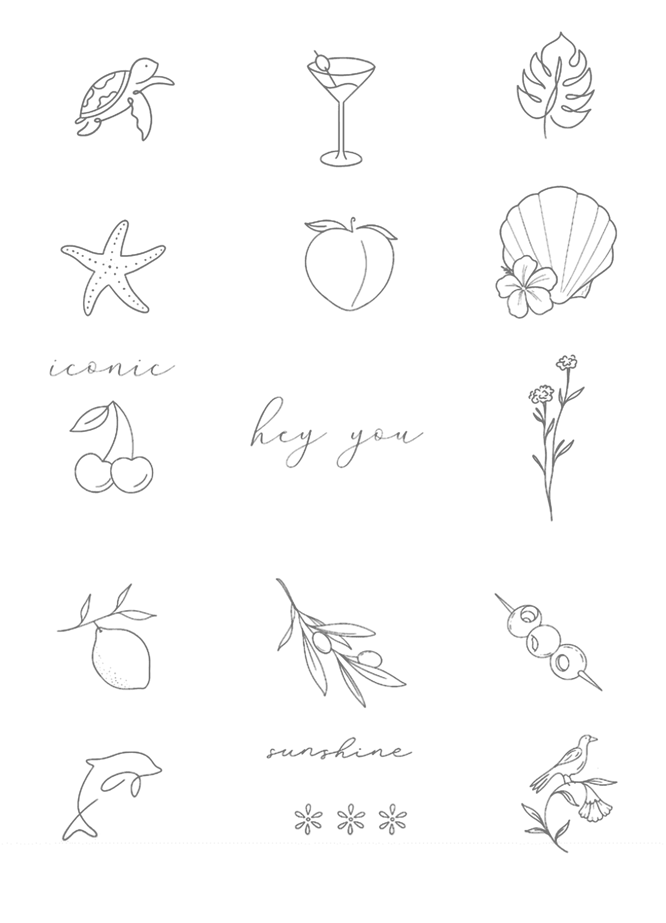 Fine-line tattoo flash sheet with delicate pencil designs