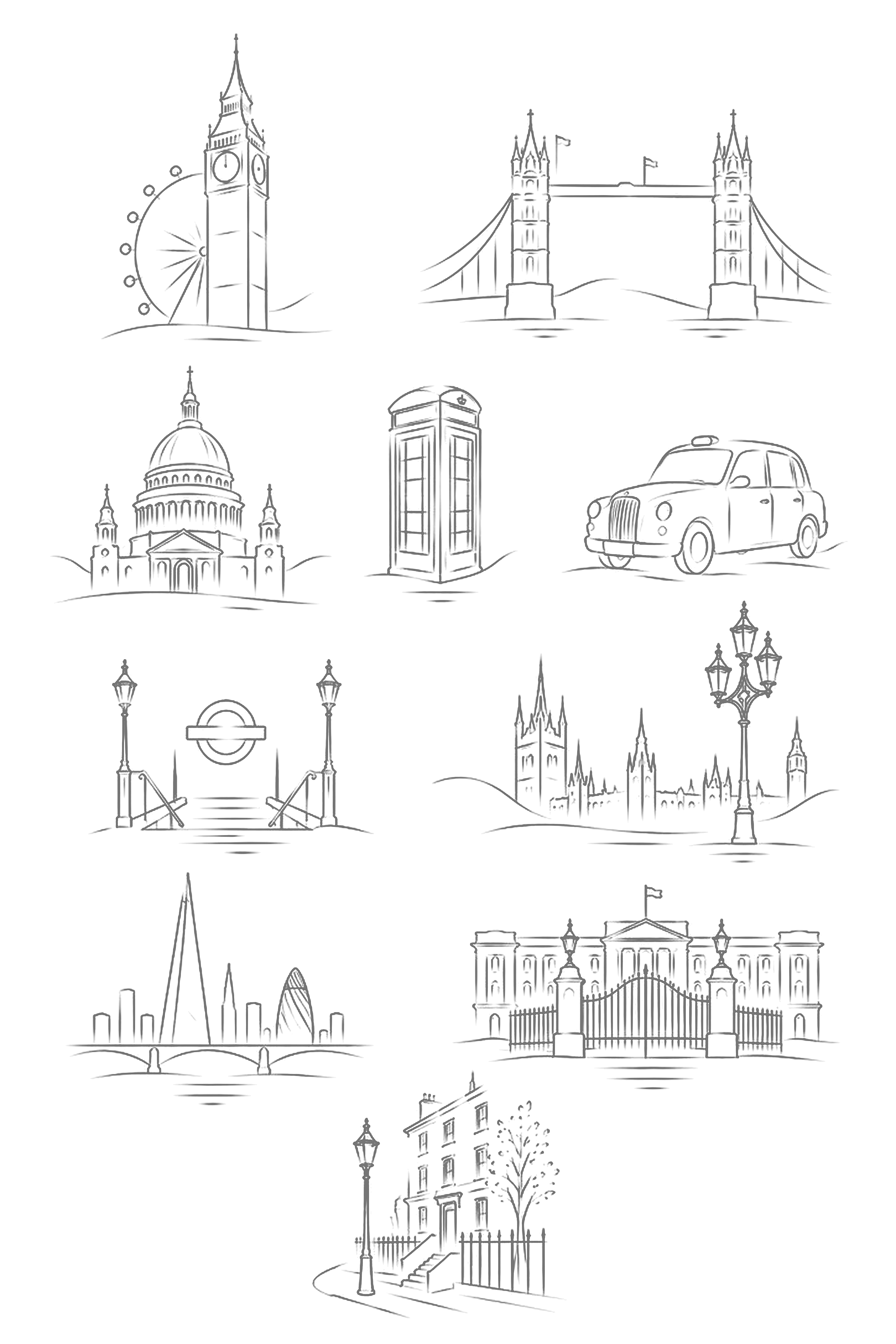 London tattoo flash sheet with ten fine-line designs of landmarks, a black cab and a townhouse