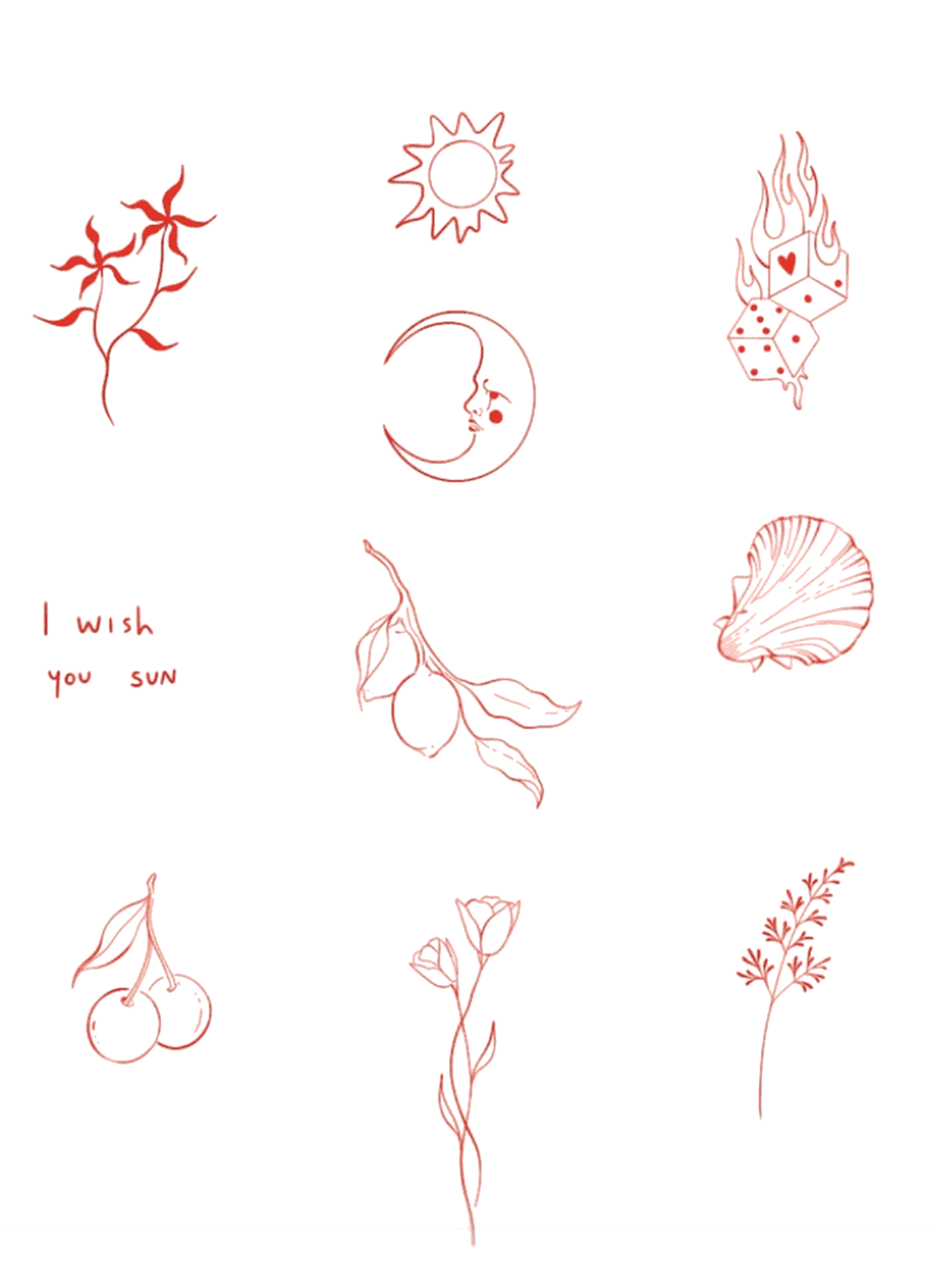 Fine-line tattoo flash sheet with red designs